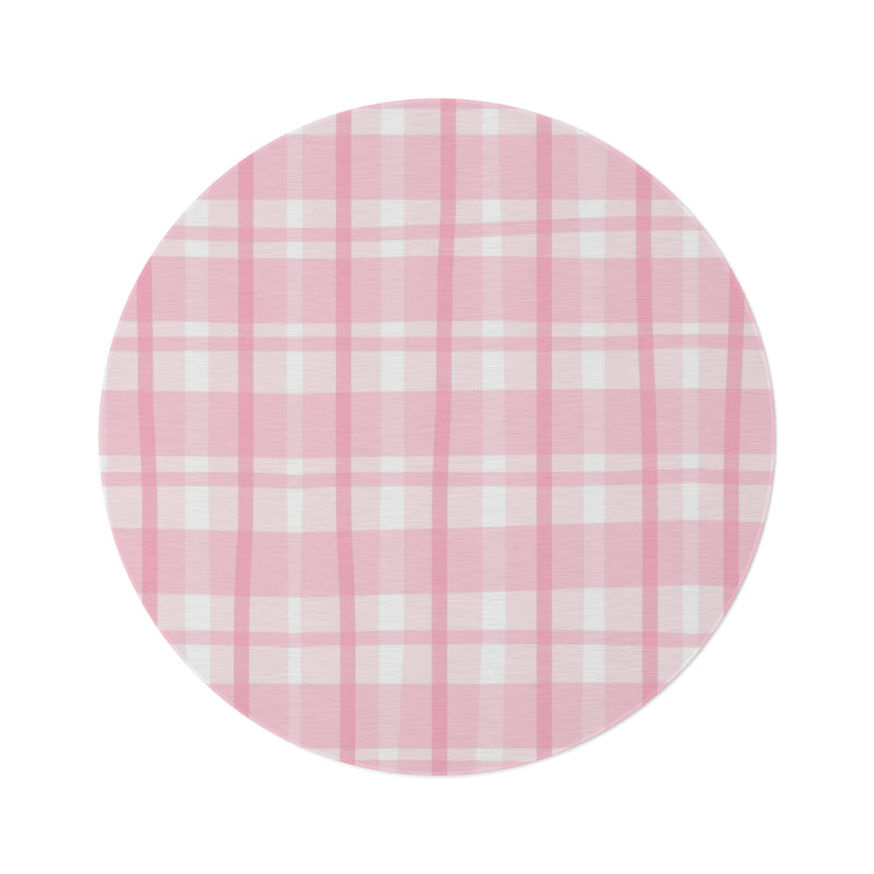 Pink Plaid Striped Round Rug