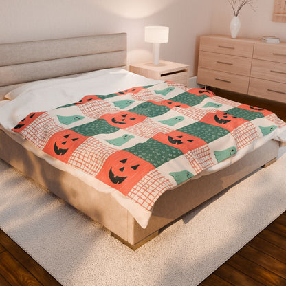 Ghost and Pumpkin Checkered Velveteen Plush Blanket