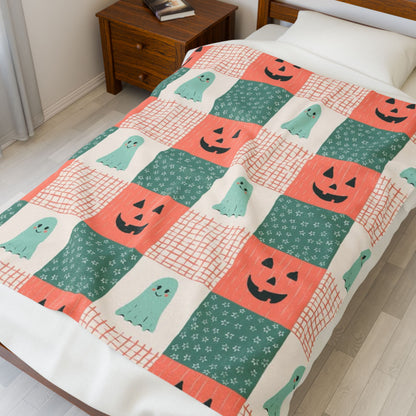 Ghost and Pumpkin Checkered Velveteen Plush Blanket