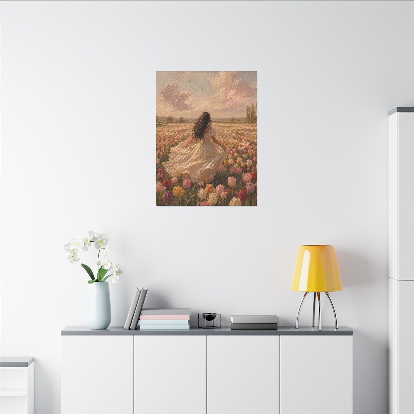 Spring Meadow Canvas Print - Woman in Lavender Field Matte Stretched Wall Art